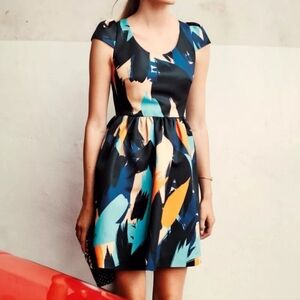 Anthropologie Black Abstract Brushstroke Dress with Teal & Mustard